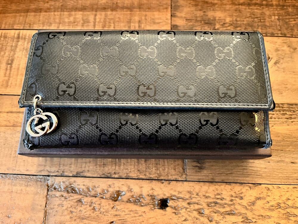 Gucci Monogram Black Coated Canvas Long Wallet With Box